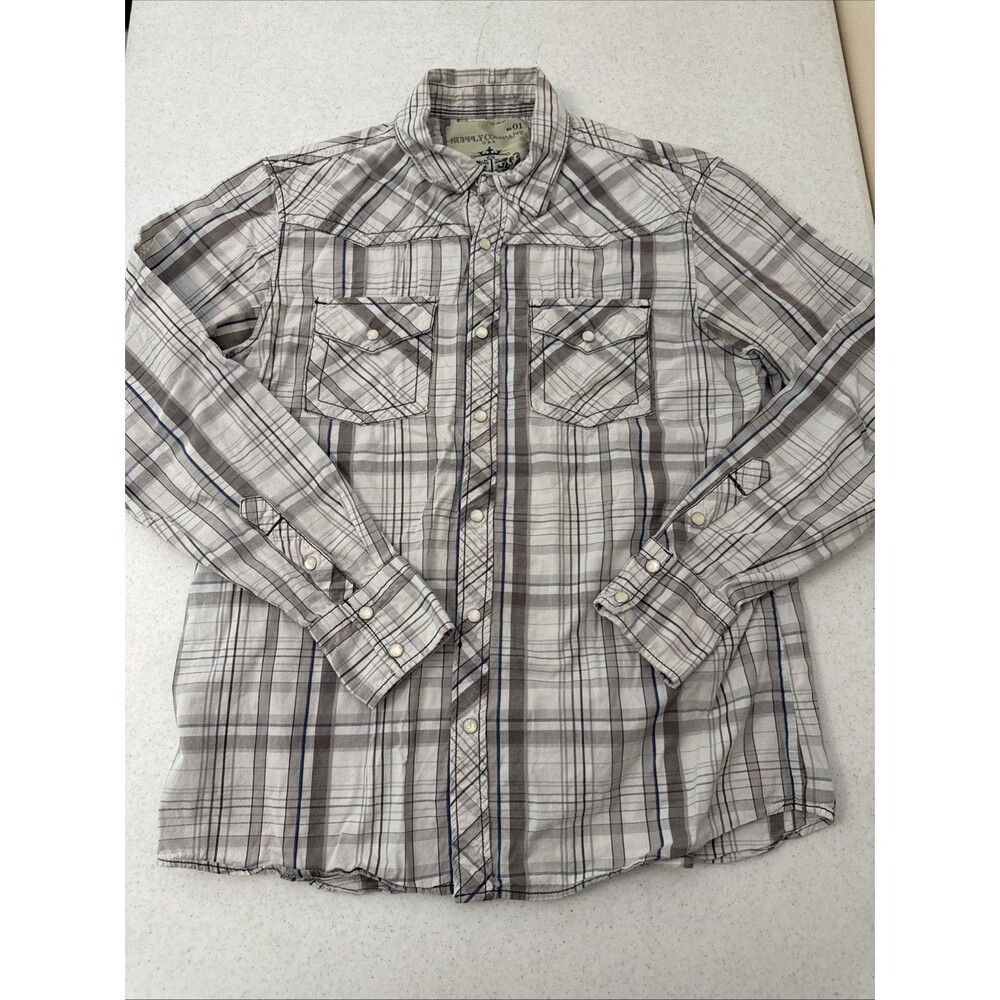 Supply Company USA Men's Size L Pearl Snap Roll Sleeve White Plaid Shirt Western